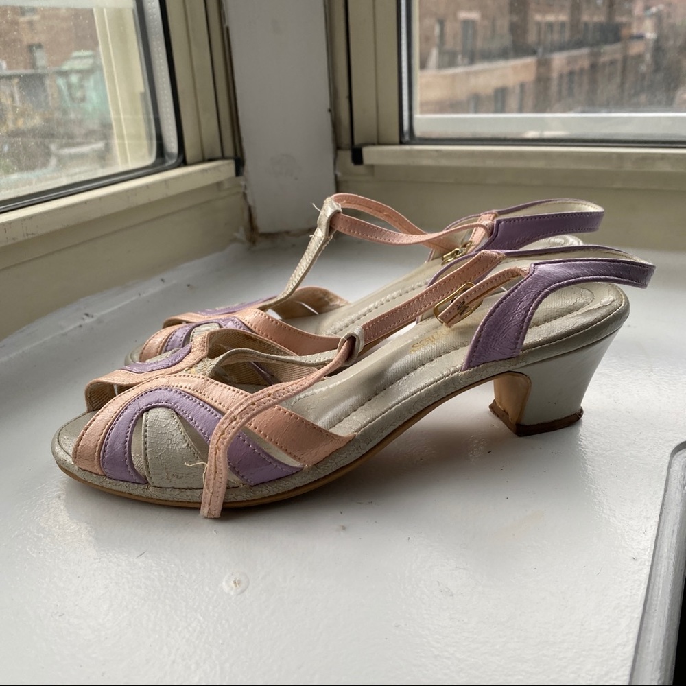 Vintage pastel multicolored kitten heel sandals